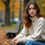 Jeune femme aux yeux hazel et cheveux châtain clair en ville