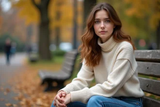 Jeune femme aux yeux hazel et cheveux châtain clair en ville