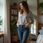 Femme en jeans ajustés dans une chambre moderne et chaleureuse