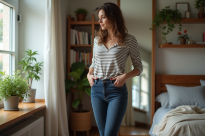 Femme en jeans ajustés dans une chambre moderne et chaleureuse