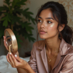 Jeune femme appliquant un maquillage coloré dans son miroir