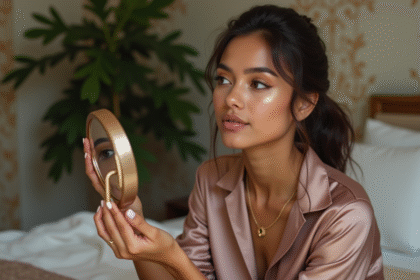 Jeune femme appliquant un maquillage coloré dans son miroir