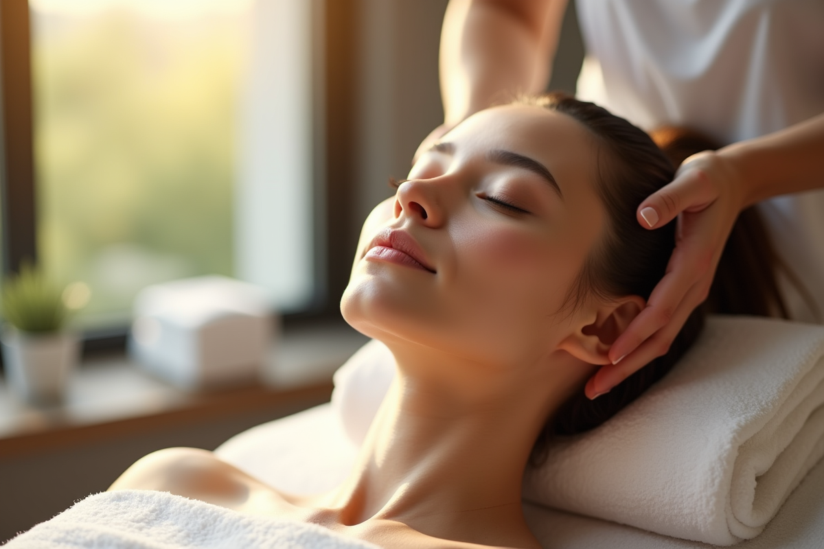 Jeune femme recevant un massage du cuir chevelu dans un spa