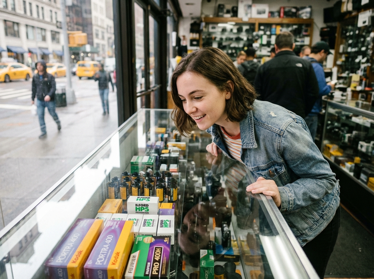 Jeune femme regardant des boîtes de films dans une boutique urbaine