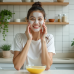 Jeune femme appliquant un masque visage maison au citron
