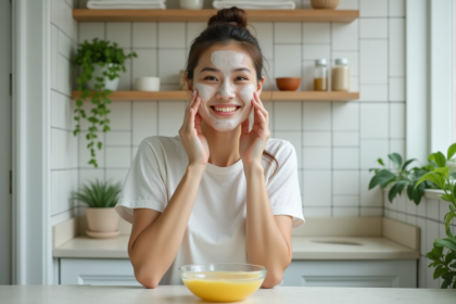 Jeune femme appliquant un masque visage maison au citron