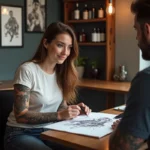 Femme regardant un dessin de tatouage dans un studio moderne