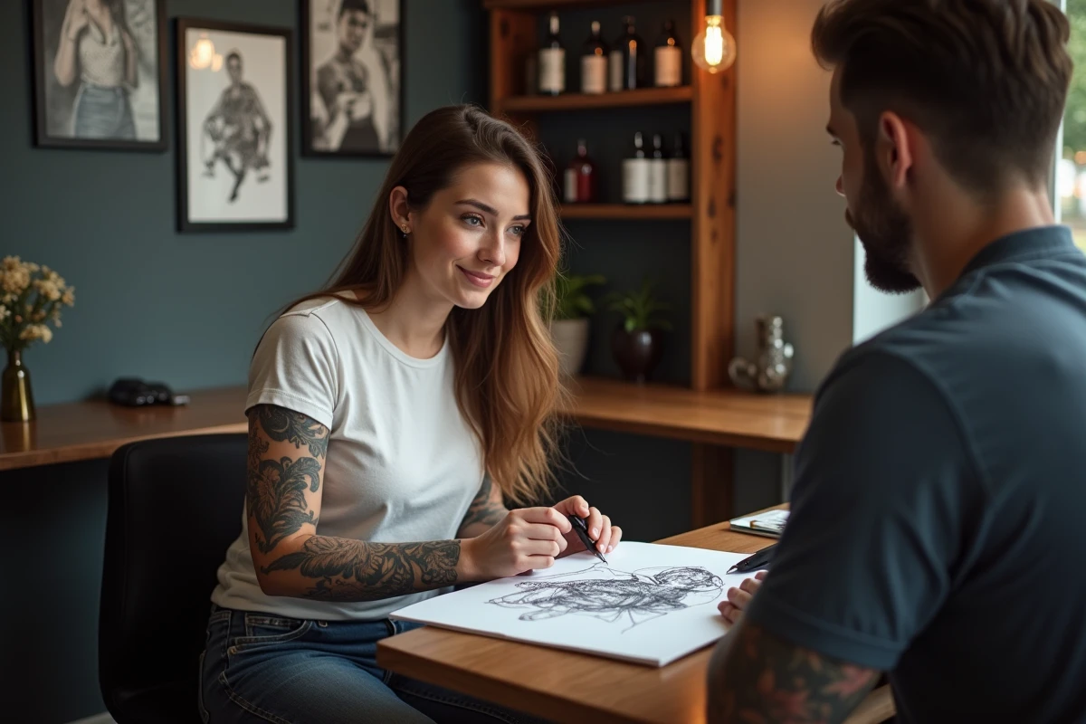 Femme regardant un dessin de tatouage dans un studio moderne