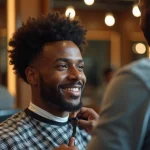 Jeune homme afro souriant lors de sa coupe de cheveux