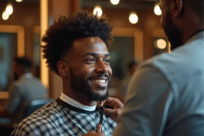 Jeune homme afro souriant lors de sa coupe de cheveux