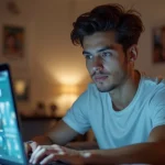 Jeune homme attrayant devant un écran d'ordinateur rempli de commentaires de fans sur les réseaux sociaux