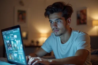 Jeune homme attrayant devant un écran d'ordinateur rempli de commentaires de fans sur les réseaux sociaux