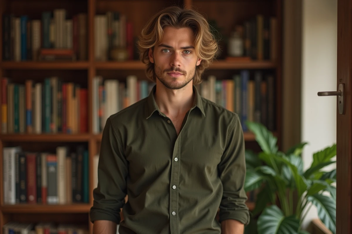 Jeune homme aux yeux verts dans une bibliothèque chaleureuse