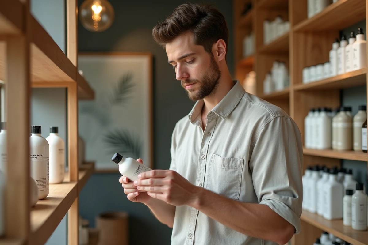 Jeune homme examinant une bouteille de shampooing en boutique