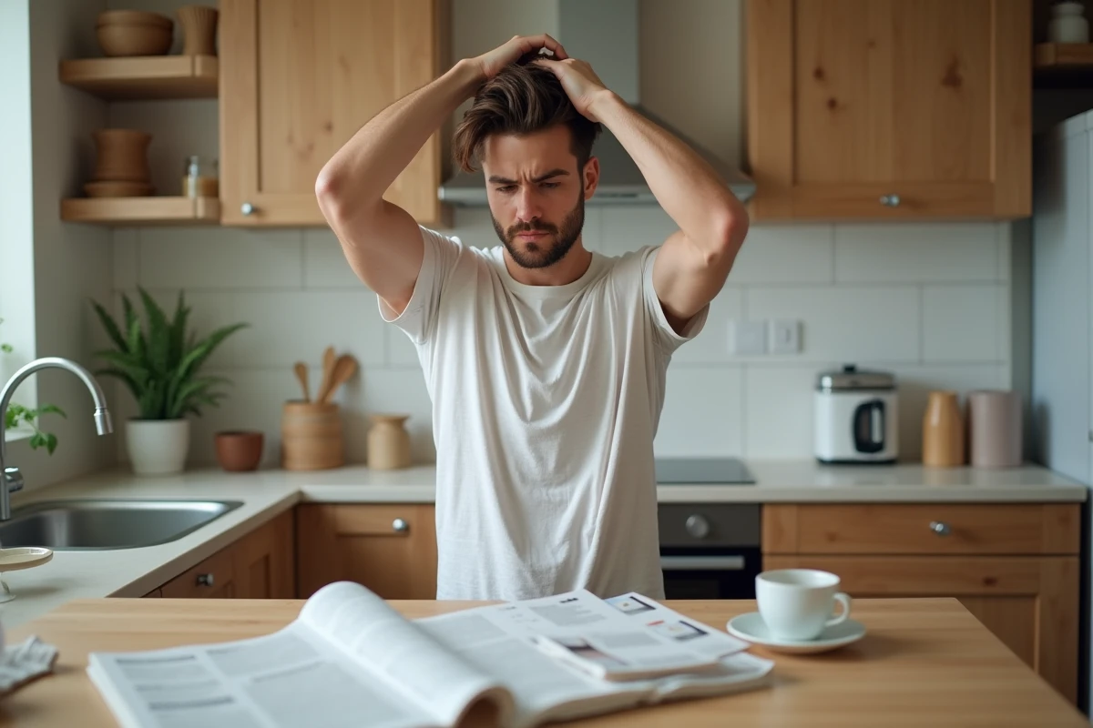 Jeune homme frustré avec ses cheveux dans la cuisine