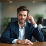 Jeune homme confiant en costume navy dans un bureau moderne