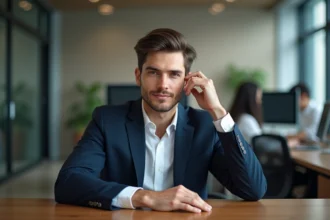 Jeune homme confiant en costume navy dans un bureau moderne