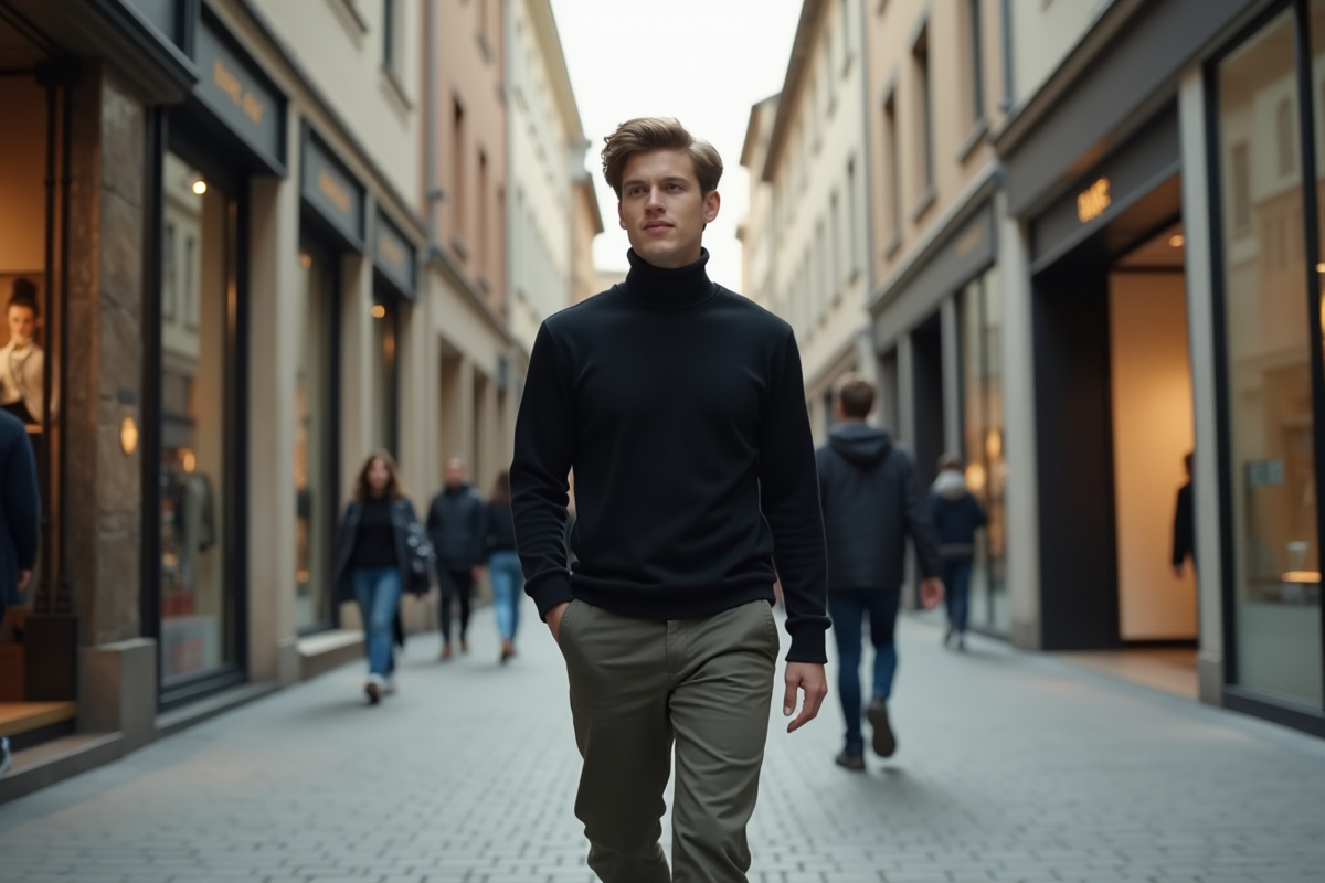 Jeune homme marche dans une rue urbaine avec boutiques