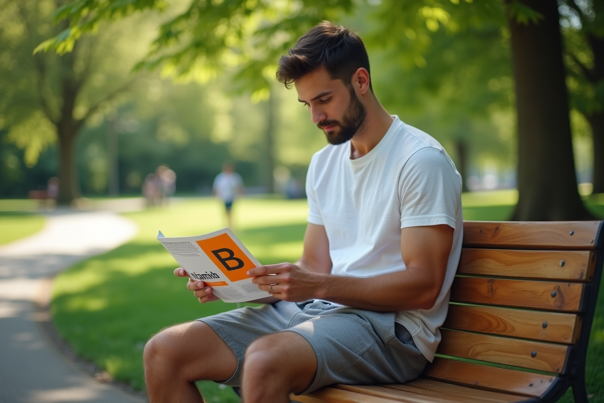 Jeune homme lisant une brochure sur la vitamine B dans un parc verdoyant