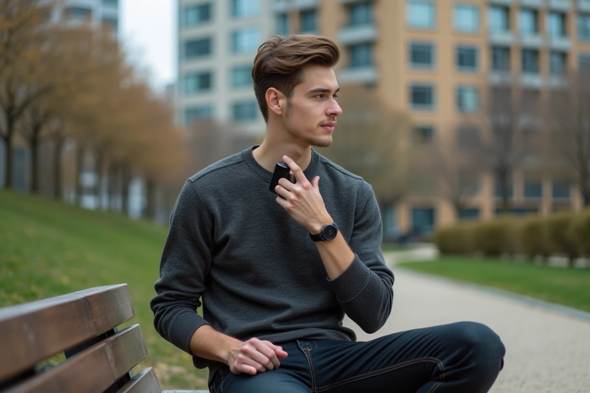 Jeune homme en extérieur tenant un parfum dans un parc urbain