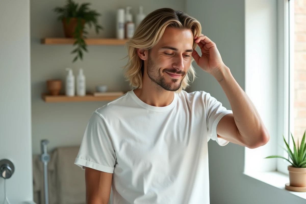Jeune homme se coiffant dans un loft lumineux
