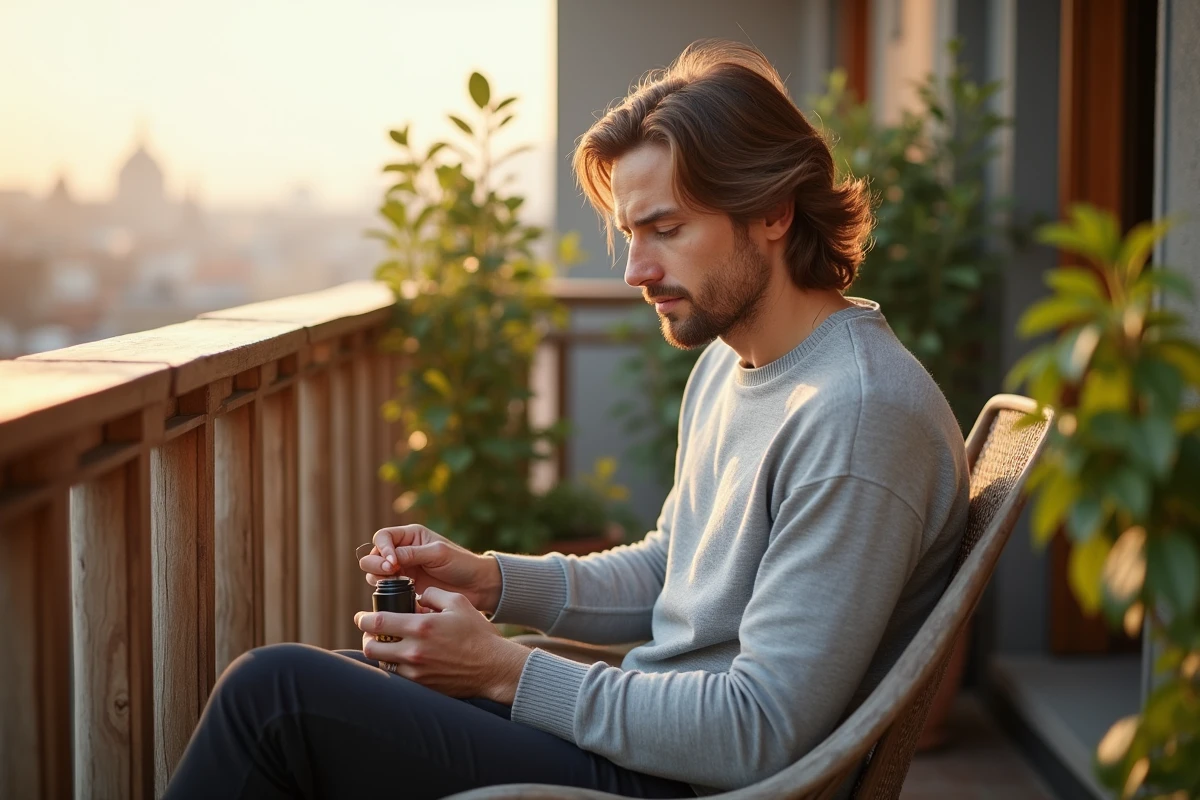 Jeune homme appliquant un soin capillaire sur un balcon ensoleille