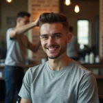 Jeune homme souriant avec coupe taper moderne en salon