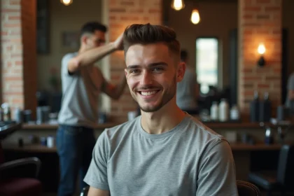 Jeune homme souriant avec coupe taper moderne en salon