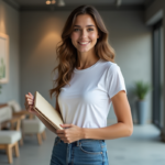 Jeune femme confiante avec portfolio à l'agence de mannequins