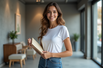 Jeune femme confiante avec portfolio à l'agence de mannequins