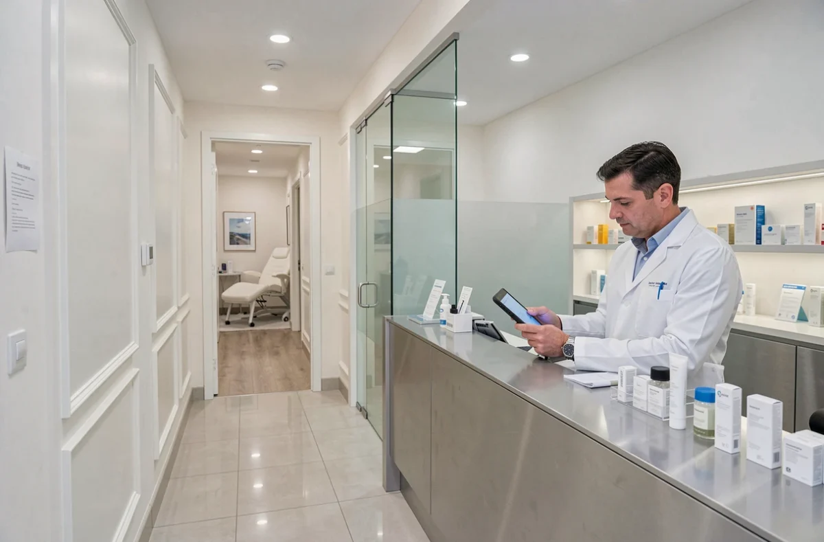 Couloir et réception de la clinique esthétique JFG Clinic au Bouscat, avec ambiance médicale moderne et professionnelle