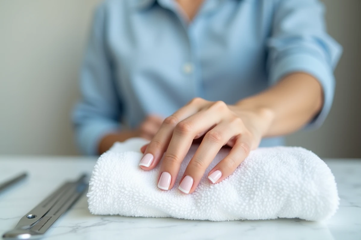 Main féminine avec ongles en porcelaine fraîchement manucurés