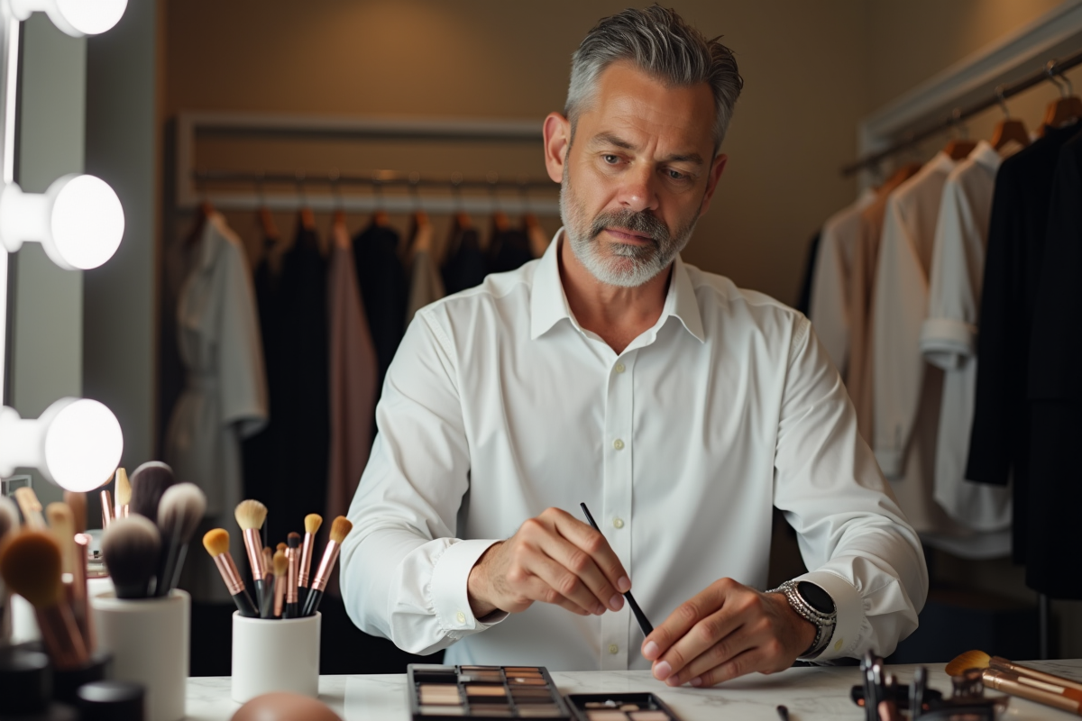 Makeup artist homme sélectionnant des pinceaux en backstage