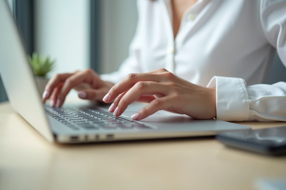 Ongles courts en gel rose pâle discret sur les mains d'une femme tapant sur un ordinateur portable au bureau