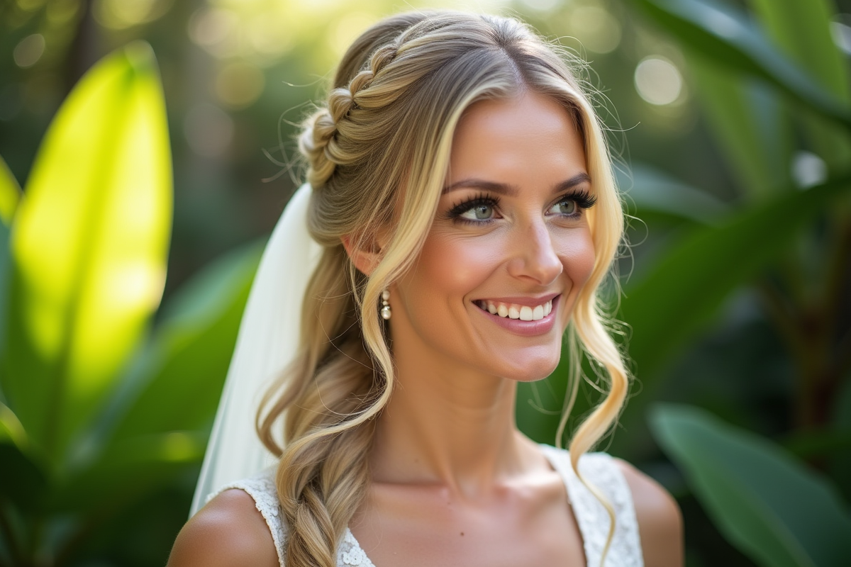 Mariée aux cheveux blonds en tresse dans le jardin