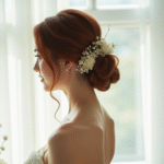 Mariée aux cheveux châtain en chignon devant une fenêtre