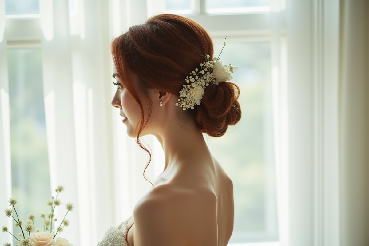 Mariée aux cheveux châtain en chignon devant une fenêtre