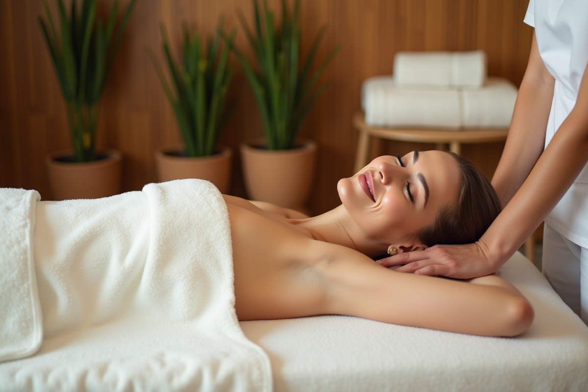 Femme détendue recevant un massage dans un spa