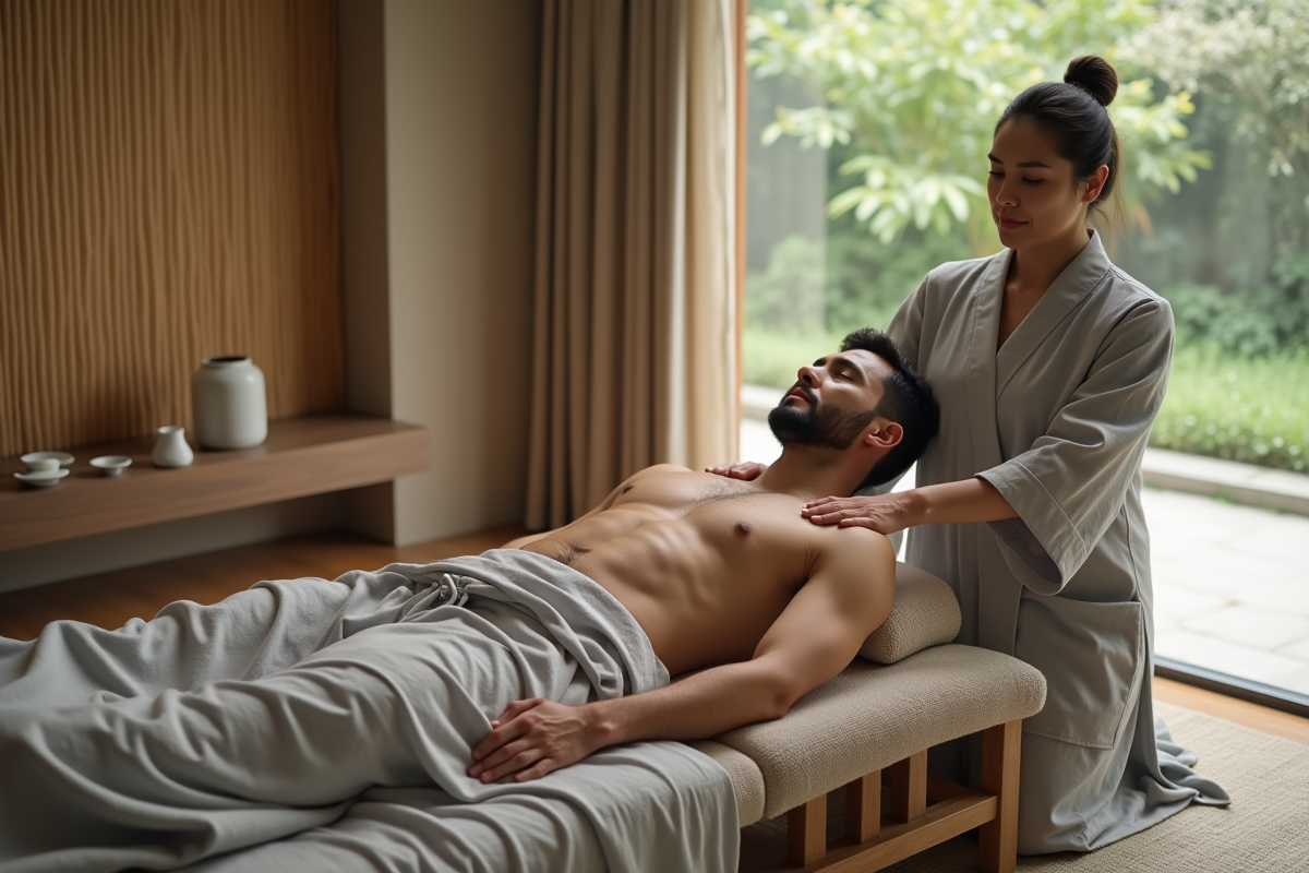 Homme recevant un massage du cou dans un studio zen