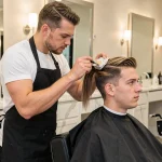 Coiffeur professionnel appliquant une technique de mèche blonde naturelle sur homme en salon