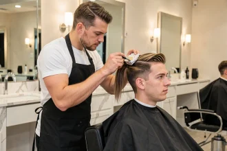 Coiffeur professionnel appliquant une technique de mèche blonde naturelle sur homme en salon