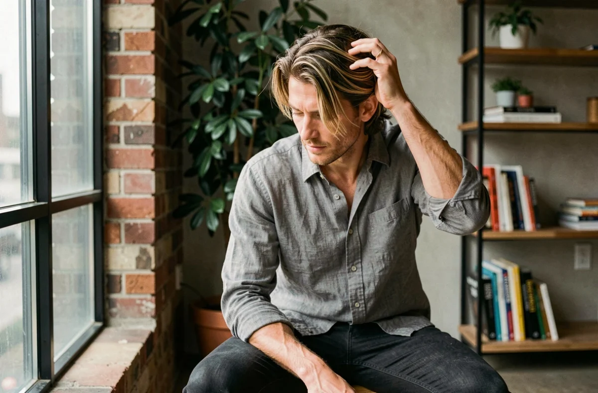 Homme avec mèche blonde naturelle dans un loft urbain, effet balayage naturel sur cheveux bruns
