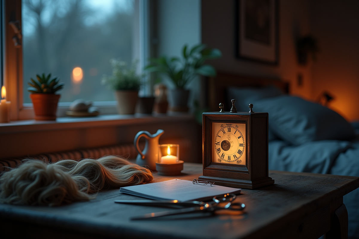 Chambre nocturne avec lune et accessoires de coiffure sur la table