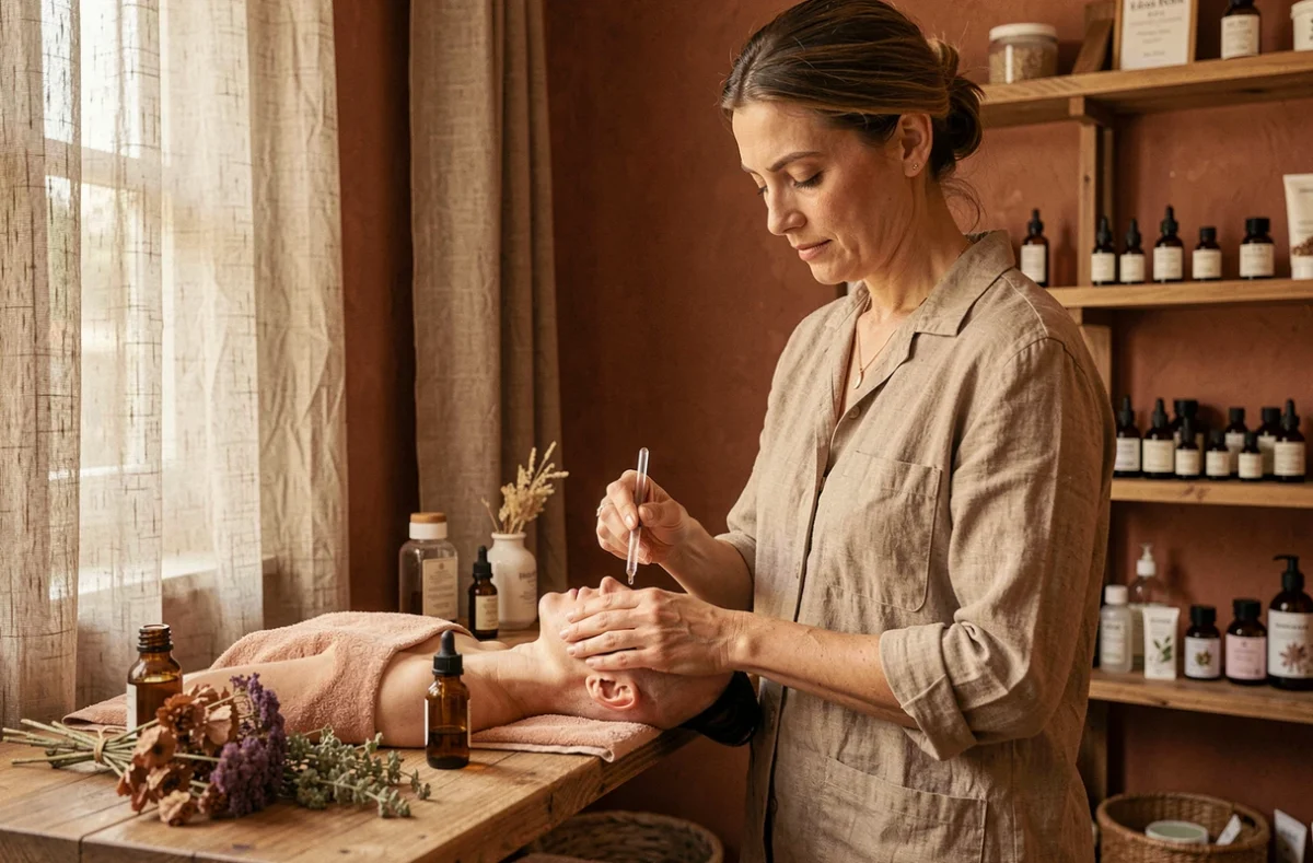 Praticienne préparant un soin aromatique dans le studio bien-être Odessence à Bordeaux, ambiance naturelle et botanique