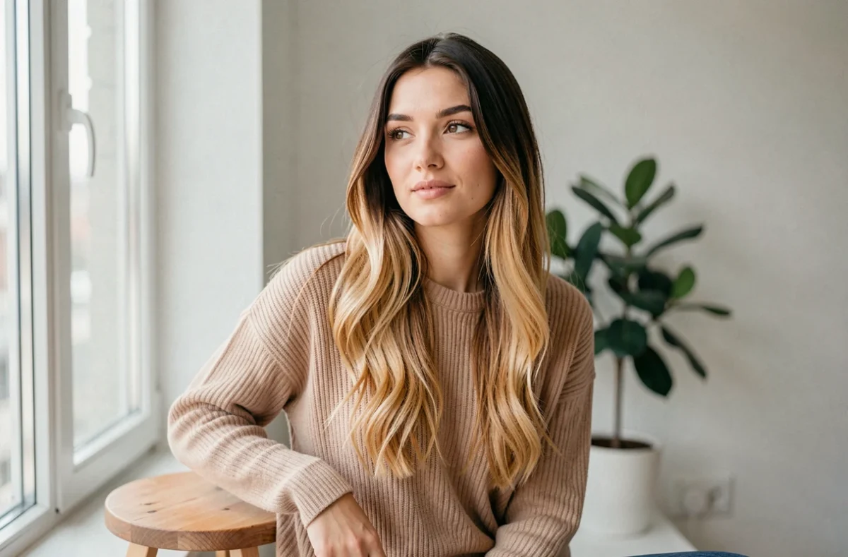 Femme aux cheveux ombré brun à blond miel assise dans un appartement scandinave, mise en valeur du dégradé de couleur naturel, portrait éditorial réaliste