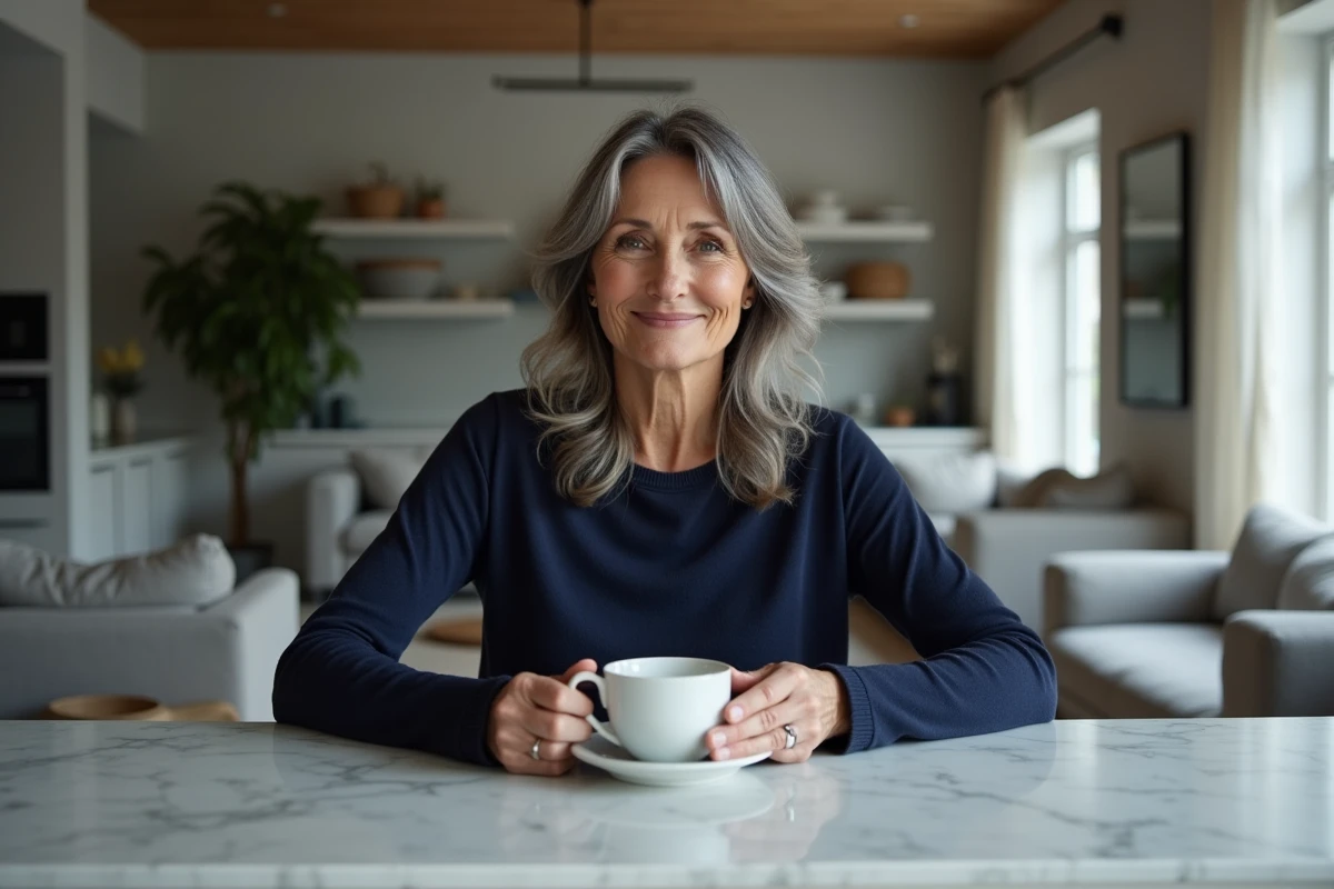 Femme de 52 ans avec des ondulations douces et des couches longues pour rajeunir le visage, photographiée dans une cuisine moderne
