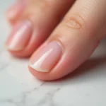 Gros plan macro d'un ongle fendu verticalement sur une main de femme posée sur marbre blanc