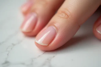 Gros plan macro d'un ongle fendu verticalement sur une main de femme posée sur marbre blanc