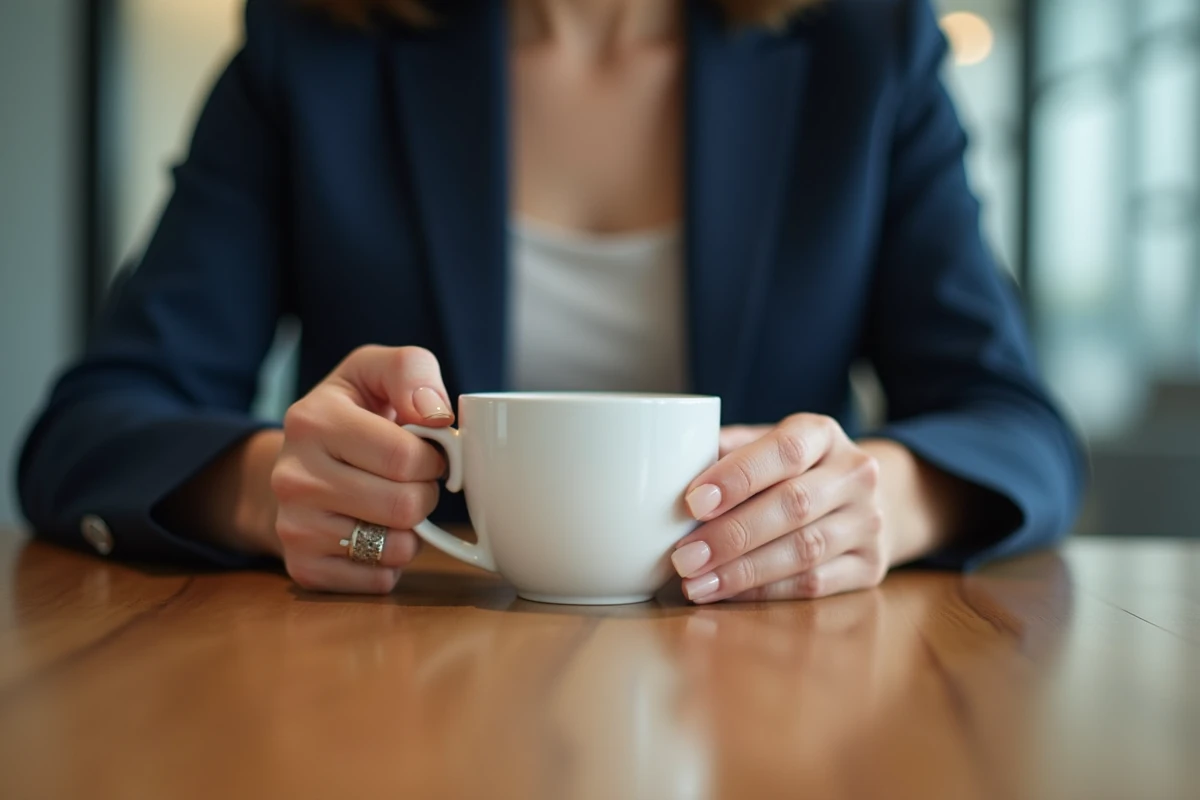 Femme tenant un mug de café avec des ongles courts en gel beige discret lors d'une réunion professionnelle