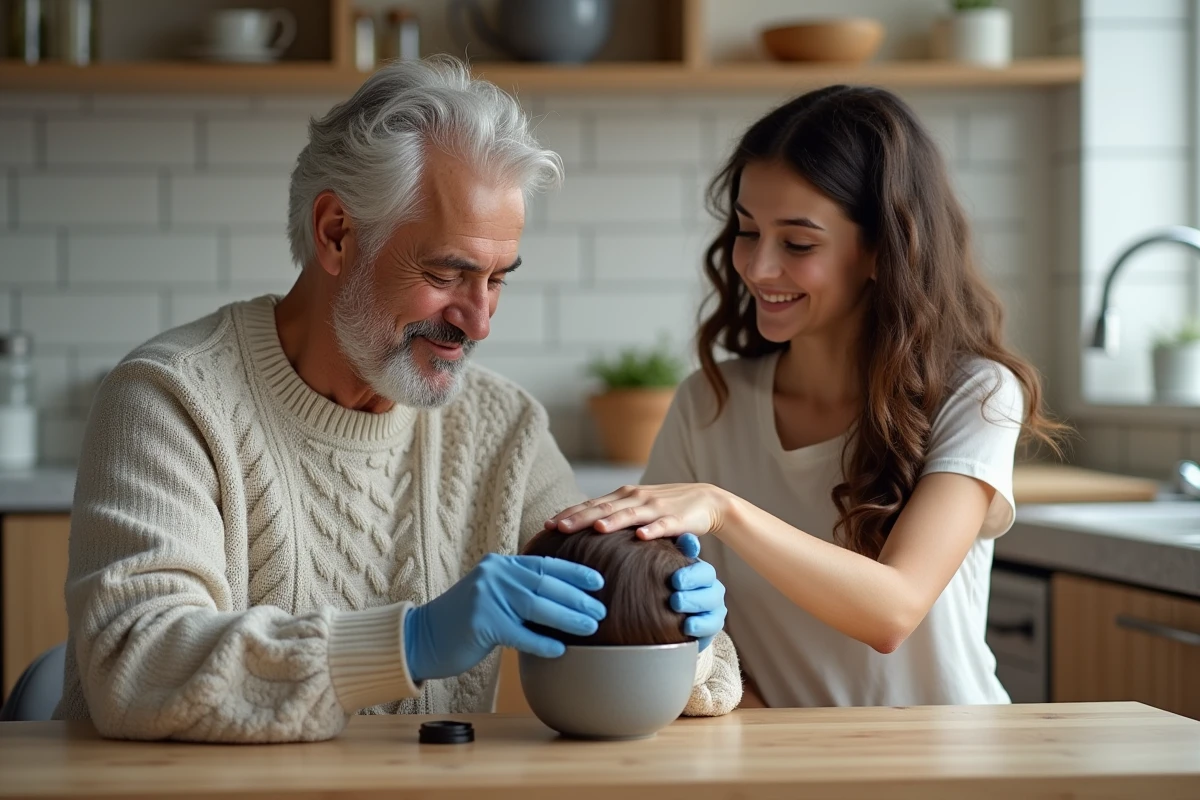 Fils et fille appliquant de la henné dans une cuisine lumineuse
